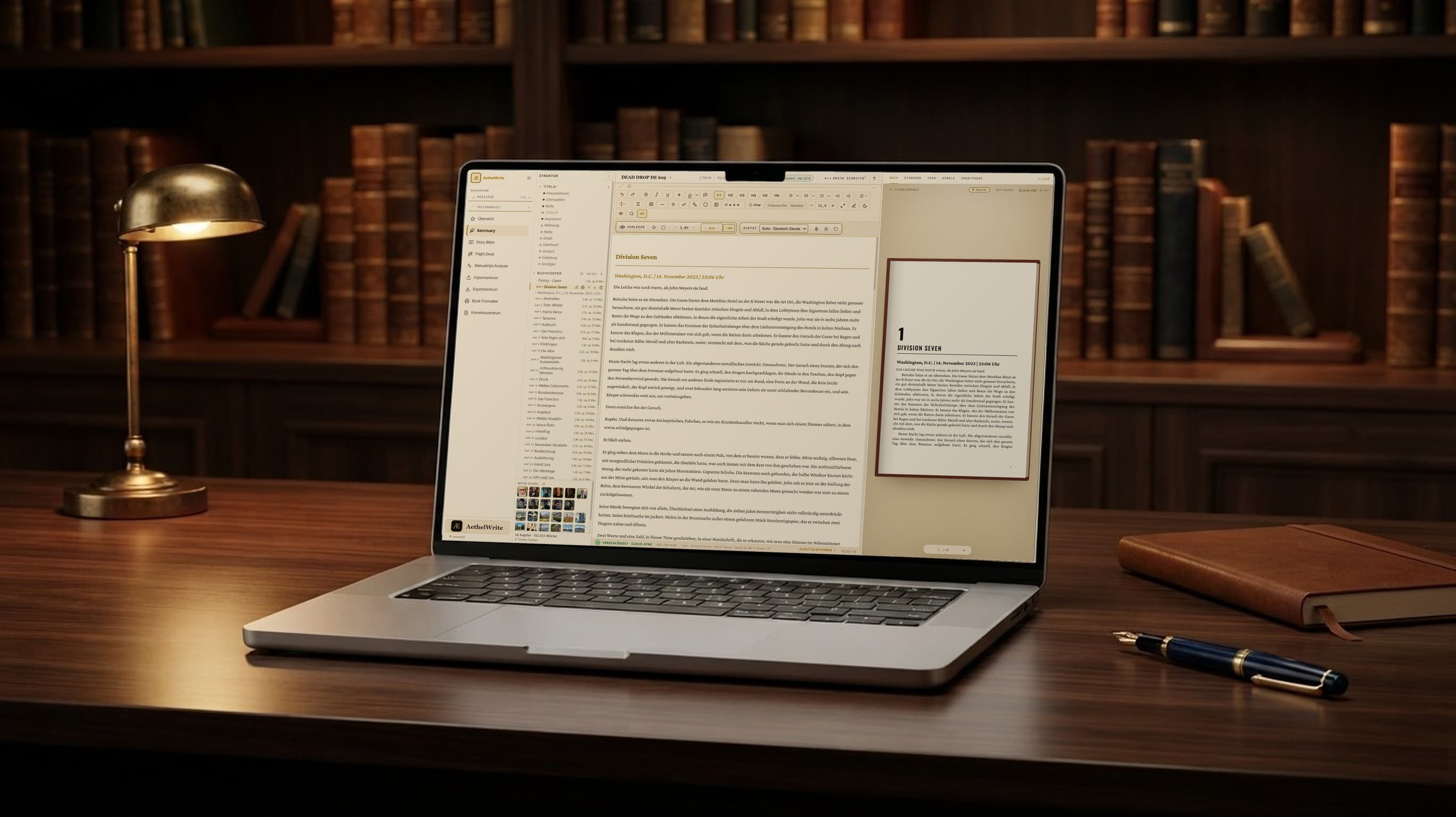 The AethelWrite editor on a laptop in a library: the chapter “Division Seven” with a print preview in 6×9 format